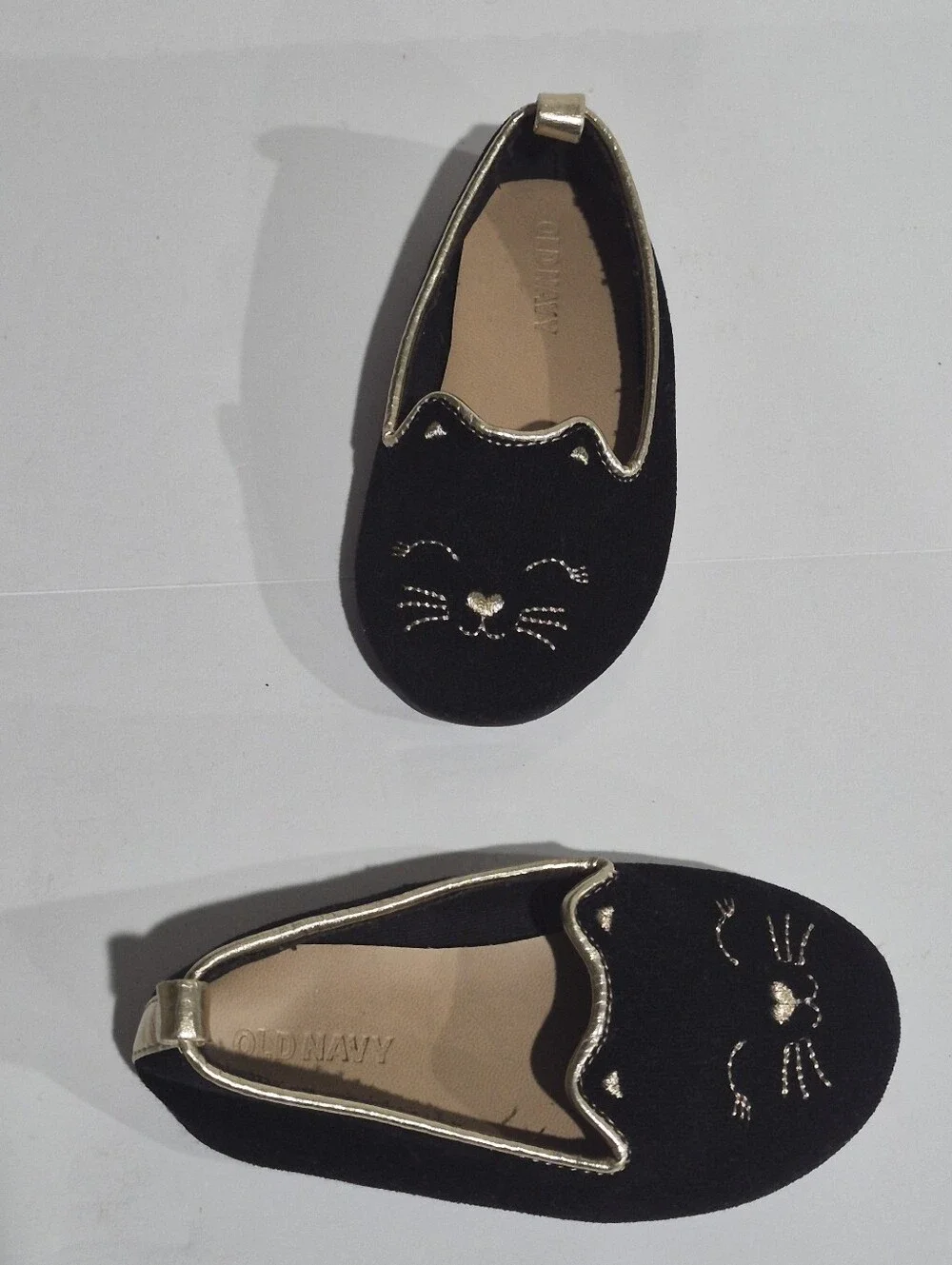 Old Navy Black & Gold Cat Baby Girl Faux Suede Critter Ballet Flats Size 6/13.5